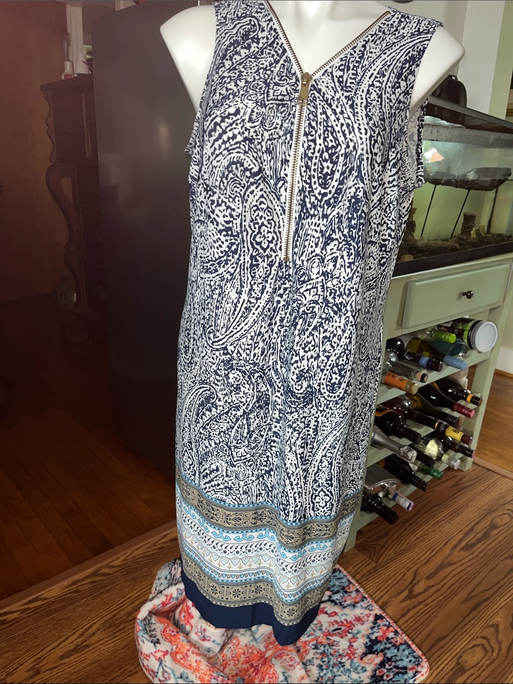 MSK Navy and White Paisley Midi Dress with Zip Front